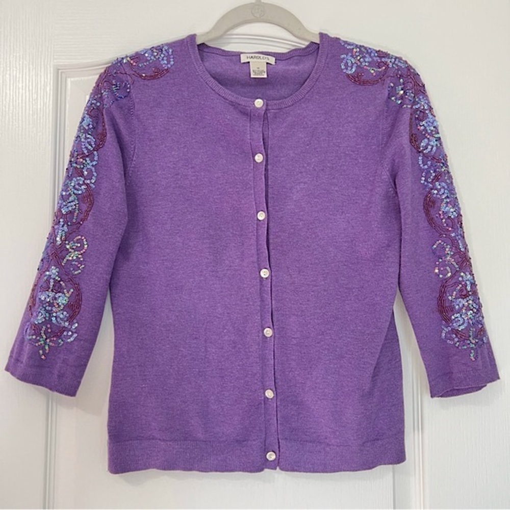 VINTAGE 90s Harold’s Purple Sequin Button Up Round Neck Fitted Cardigan